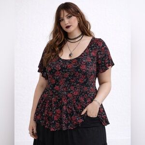 Torrid Red Floral Lace Peplum Top Sheer Stretch Short Sleeve Keyhole Back 2X